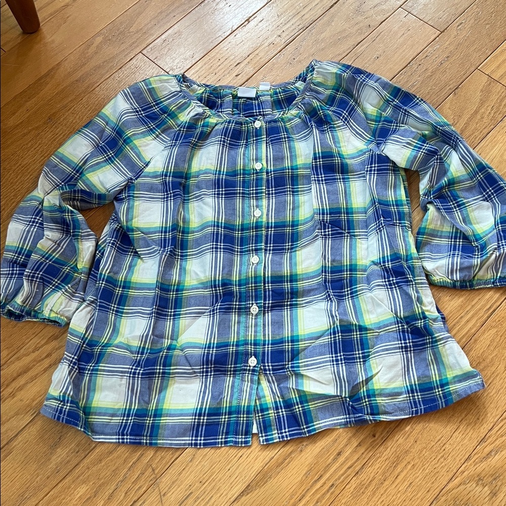 Gap Kids Lightweight Plaid Collarless Button down 3/4 Sleeve 100% Cotton XL